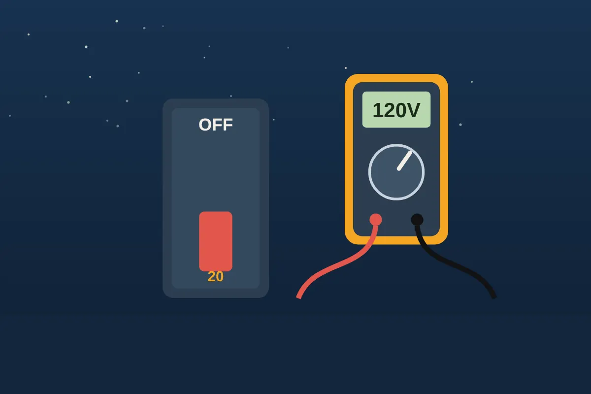 Tripped circuit breaker in the off position next to a digital multimeter