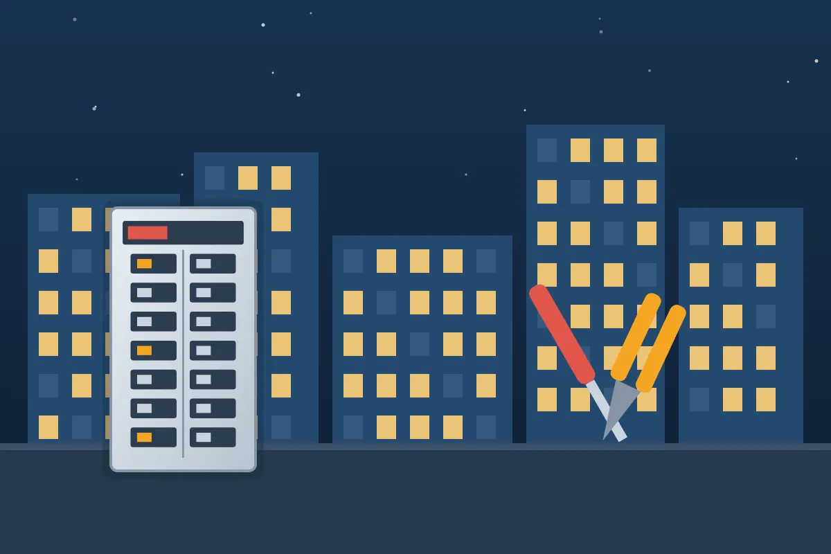 City office buildings at night with an electrical panel and tools in the foreground