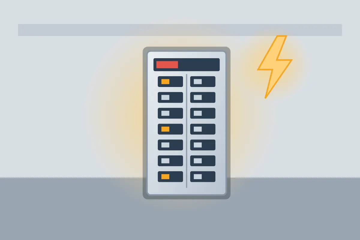 Open breaker panel glowing on a garage wall with a lightning bolt symbol beside it