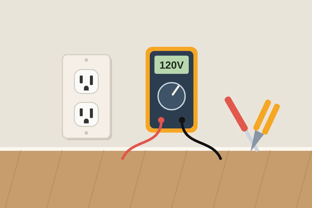 Wall outlet, digital multimeter and electrician's tools on a wood floor