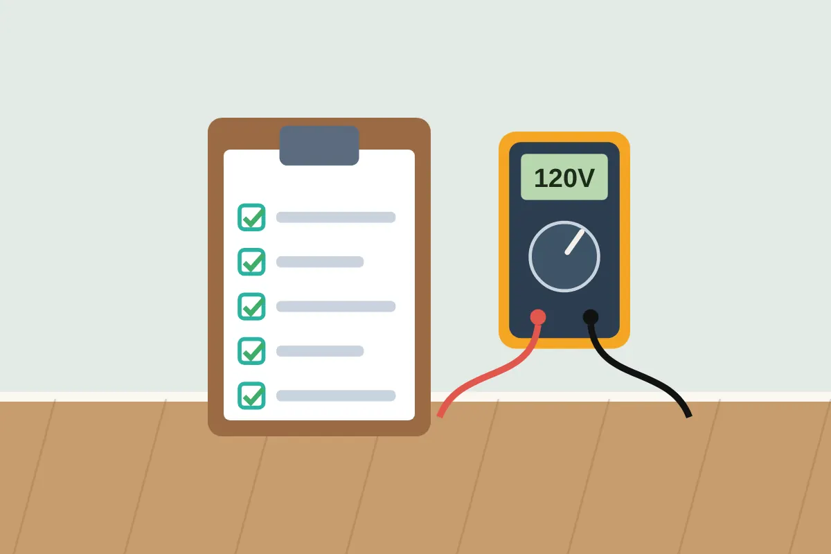 Inspection checklist with green check marks beside a multimeter on a wall