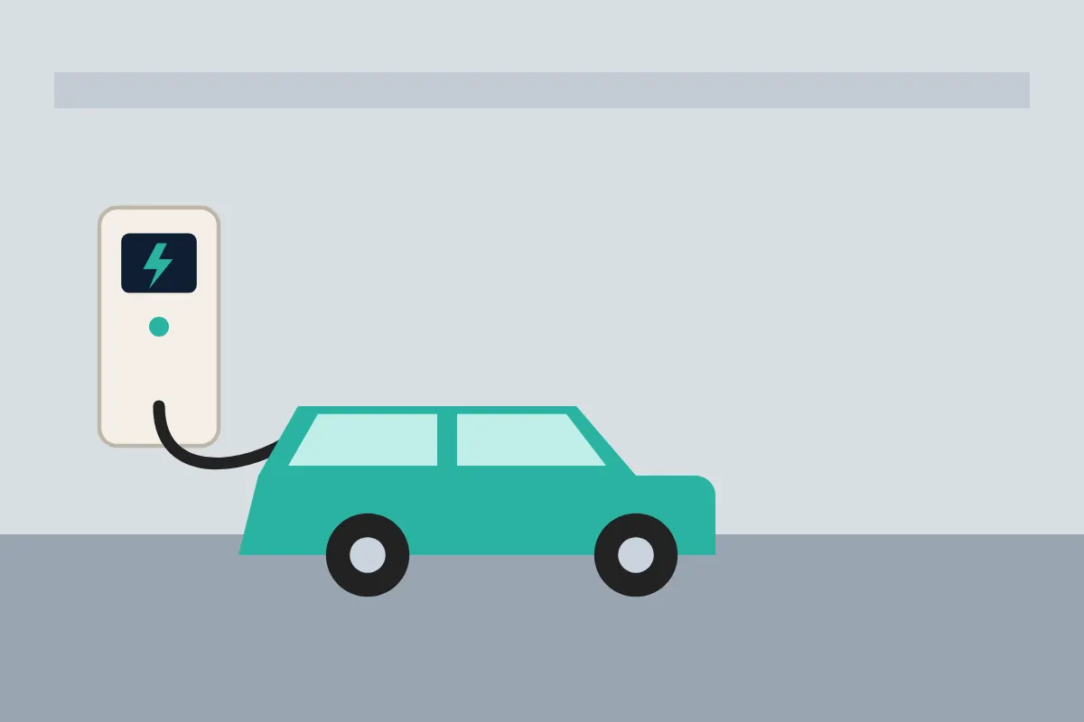 Wall mounted EV charger in a garage connected by cable to a teal electric car