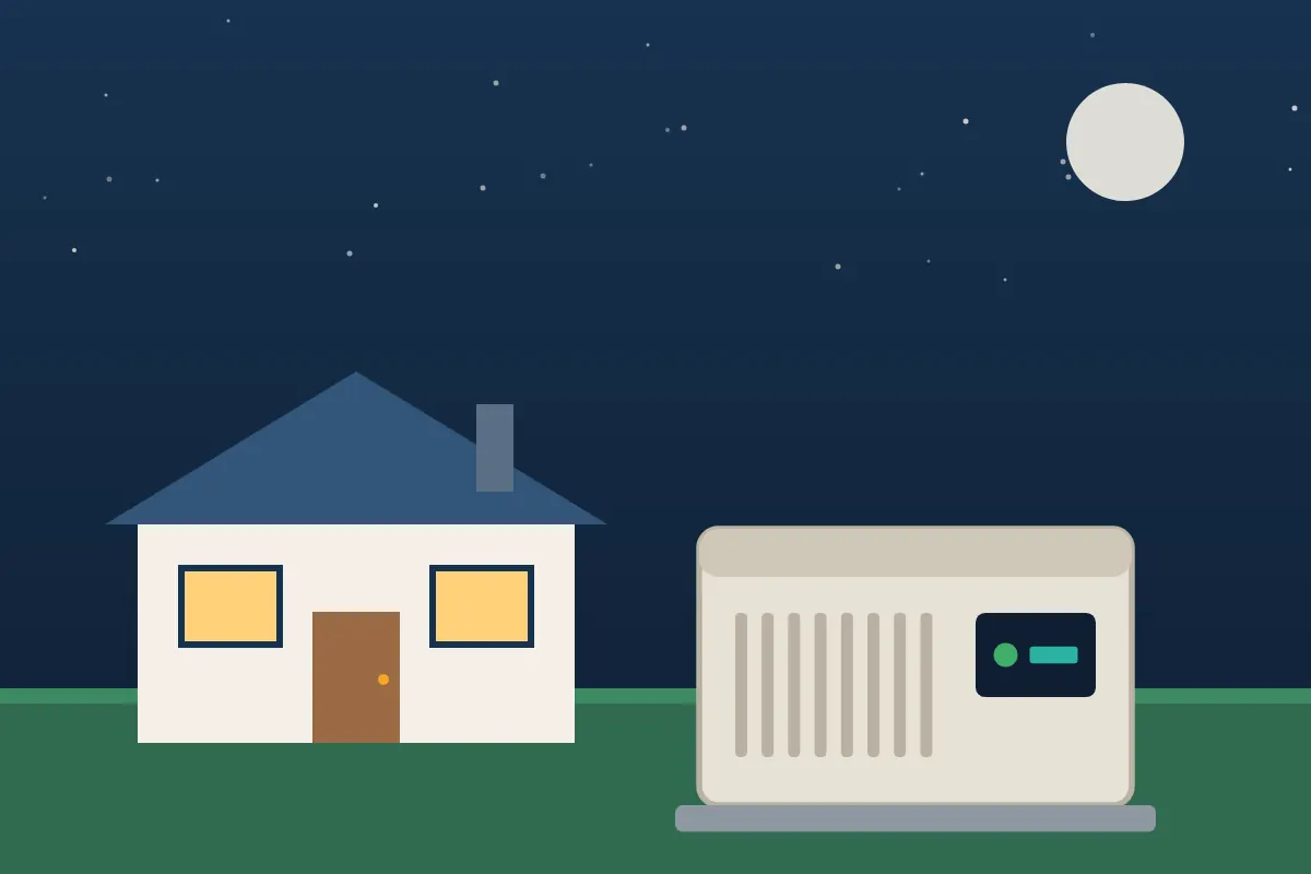 Standby generator on a concrete pad beside a house at night