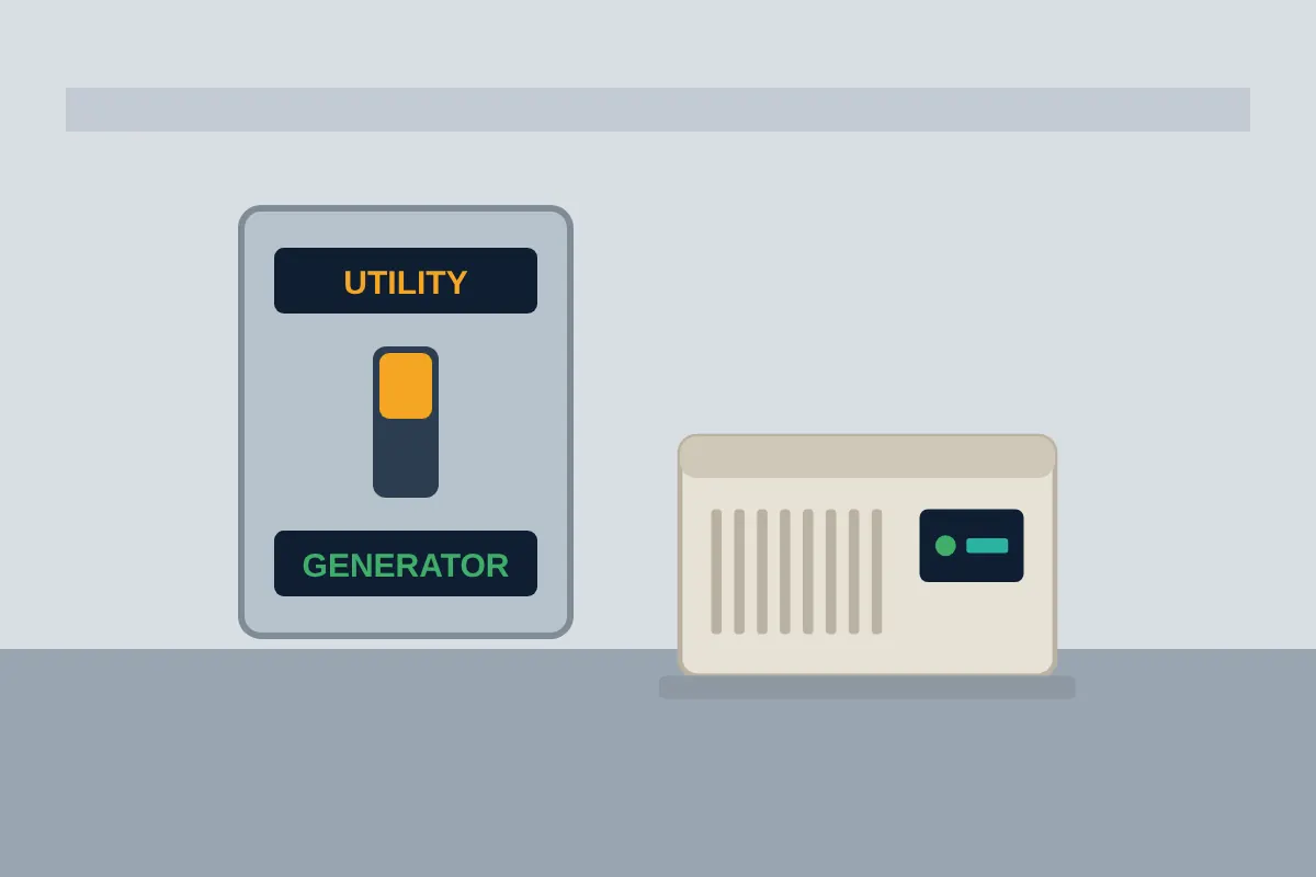 Transfer switch labeled utility and generator mounted on a garage wall beside a generator