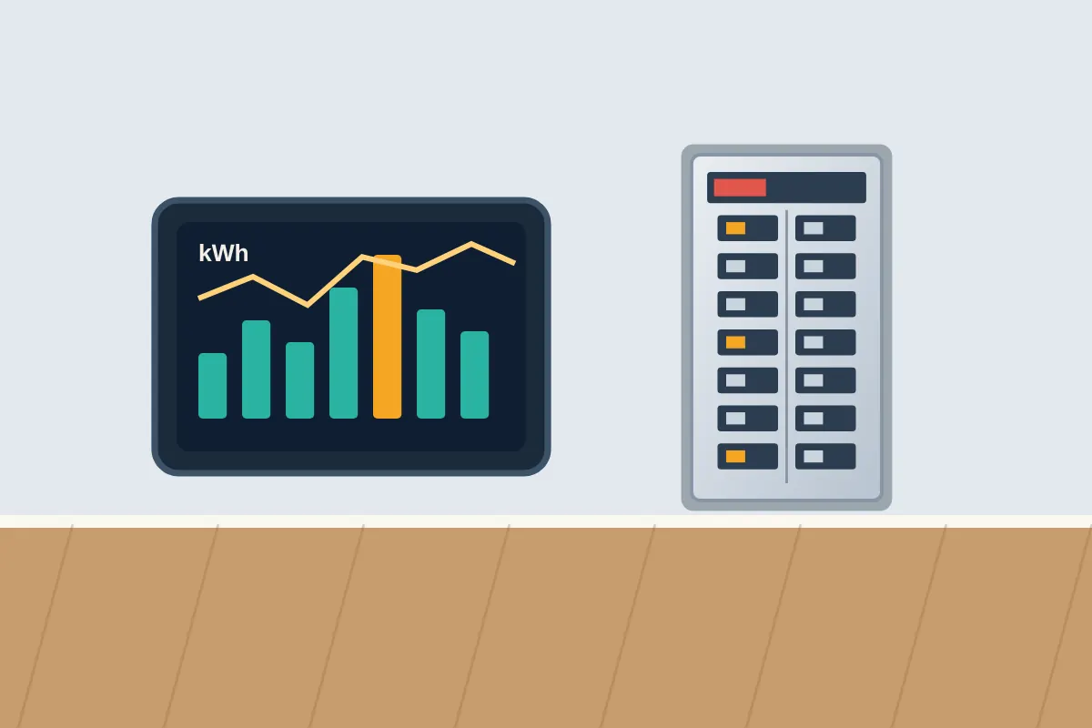Energy monitor screen showing a kWh usage chart beside an electrical panel