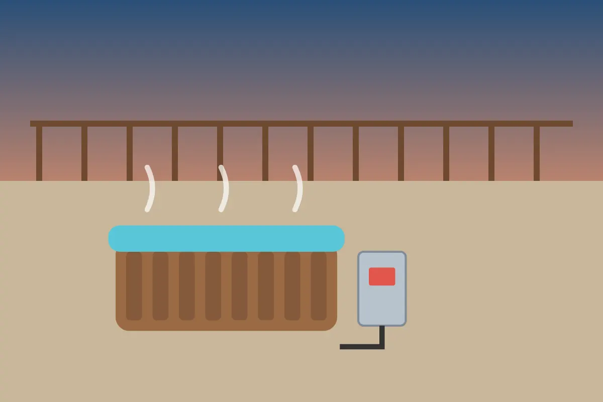 Wooden hot tub with steam rising and a GFCI disconnect box beside it