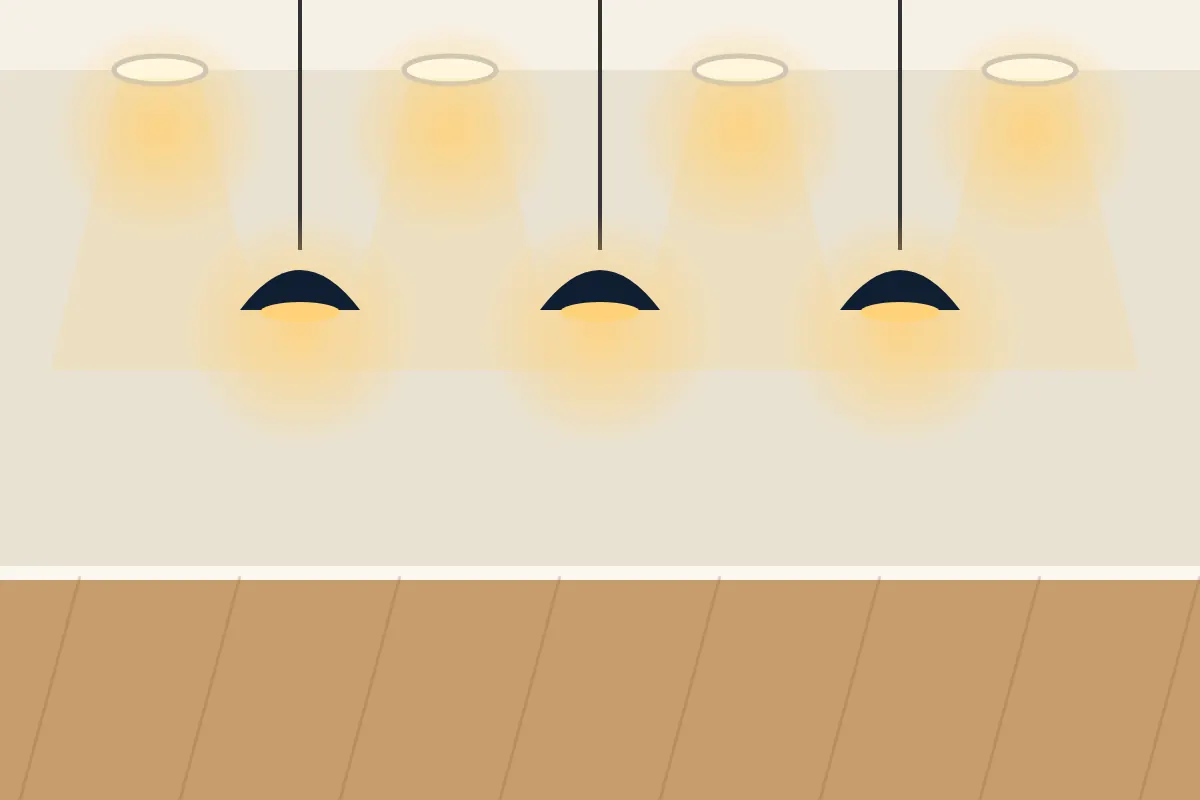Row of glowing recessed ceiling lights above three pendant lamps in a warm room