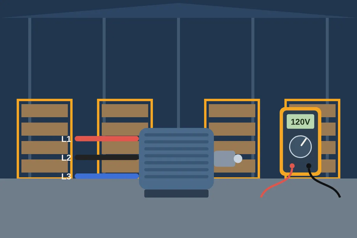 Three phase electric motor with labeled supply lines inside a warehouse