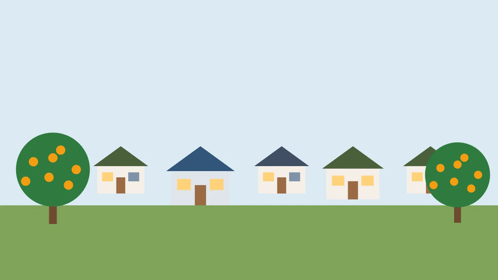 Illustrated Citrus Heights neighborhood with orange trees and single story homes