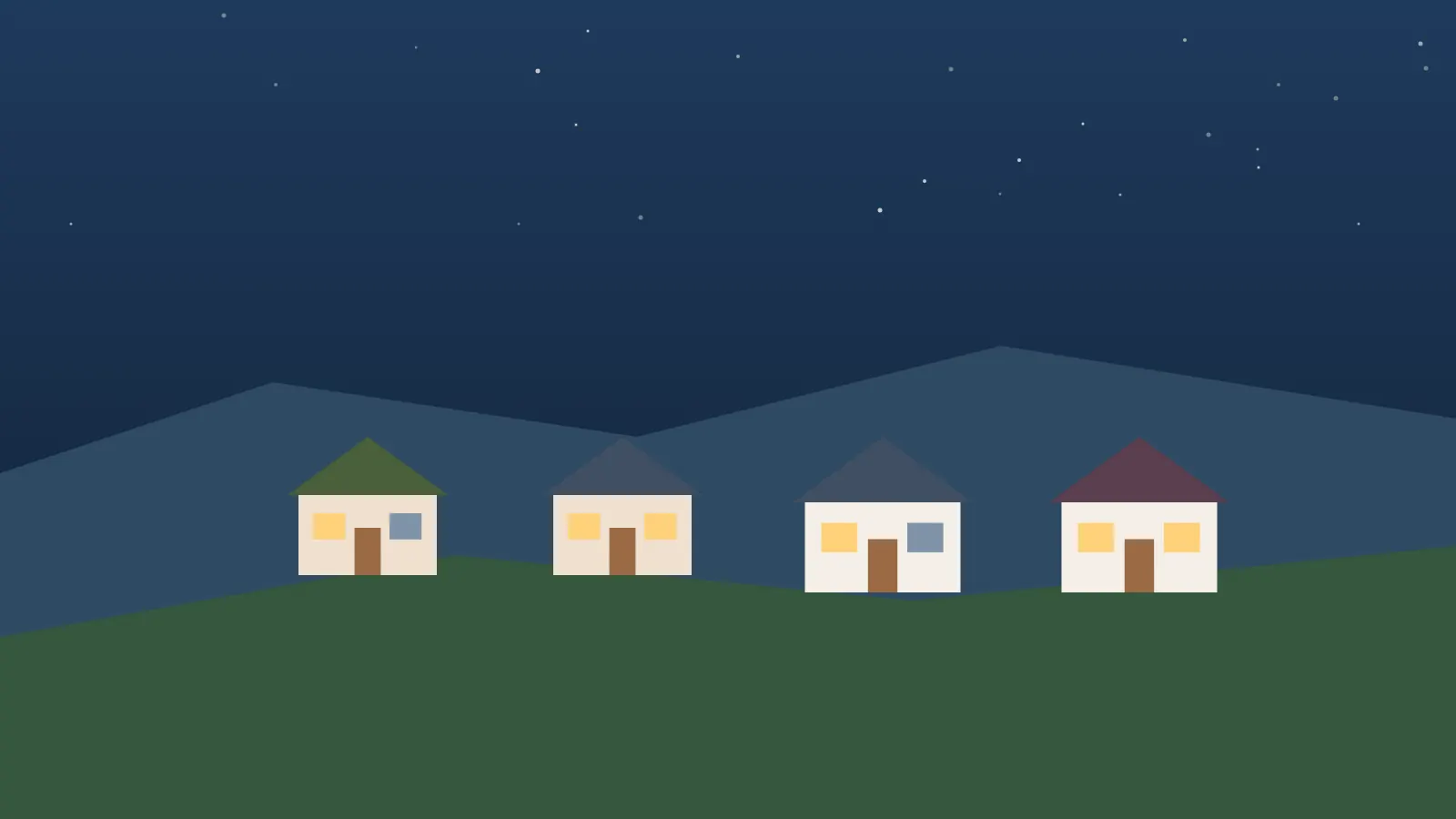 Illustrated El Dorado Hills homes on rolling hills under a night sky