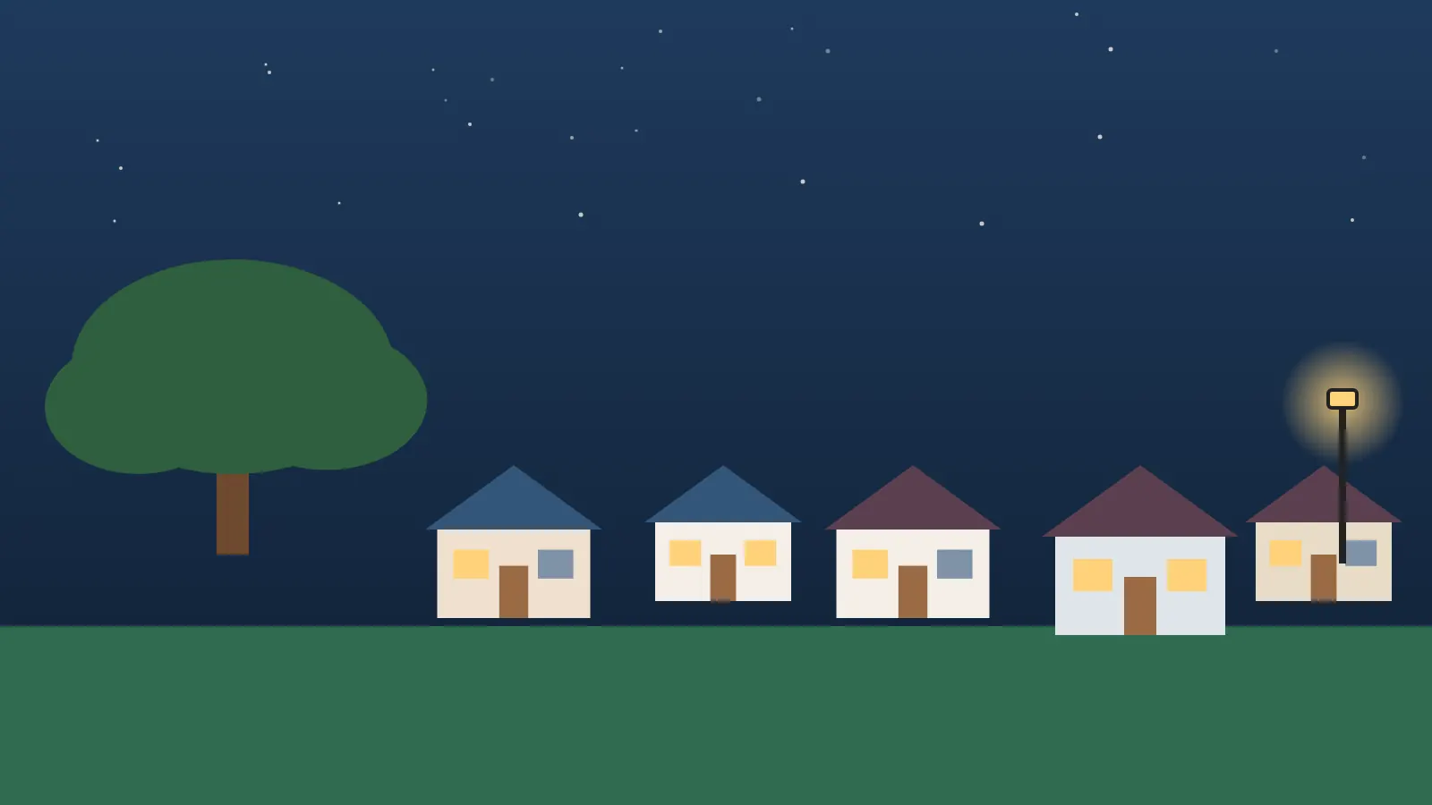 Illustrated Elk Grove street at night with a large oak tree and lit homes