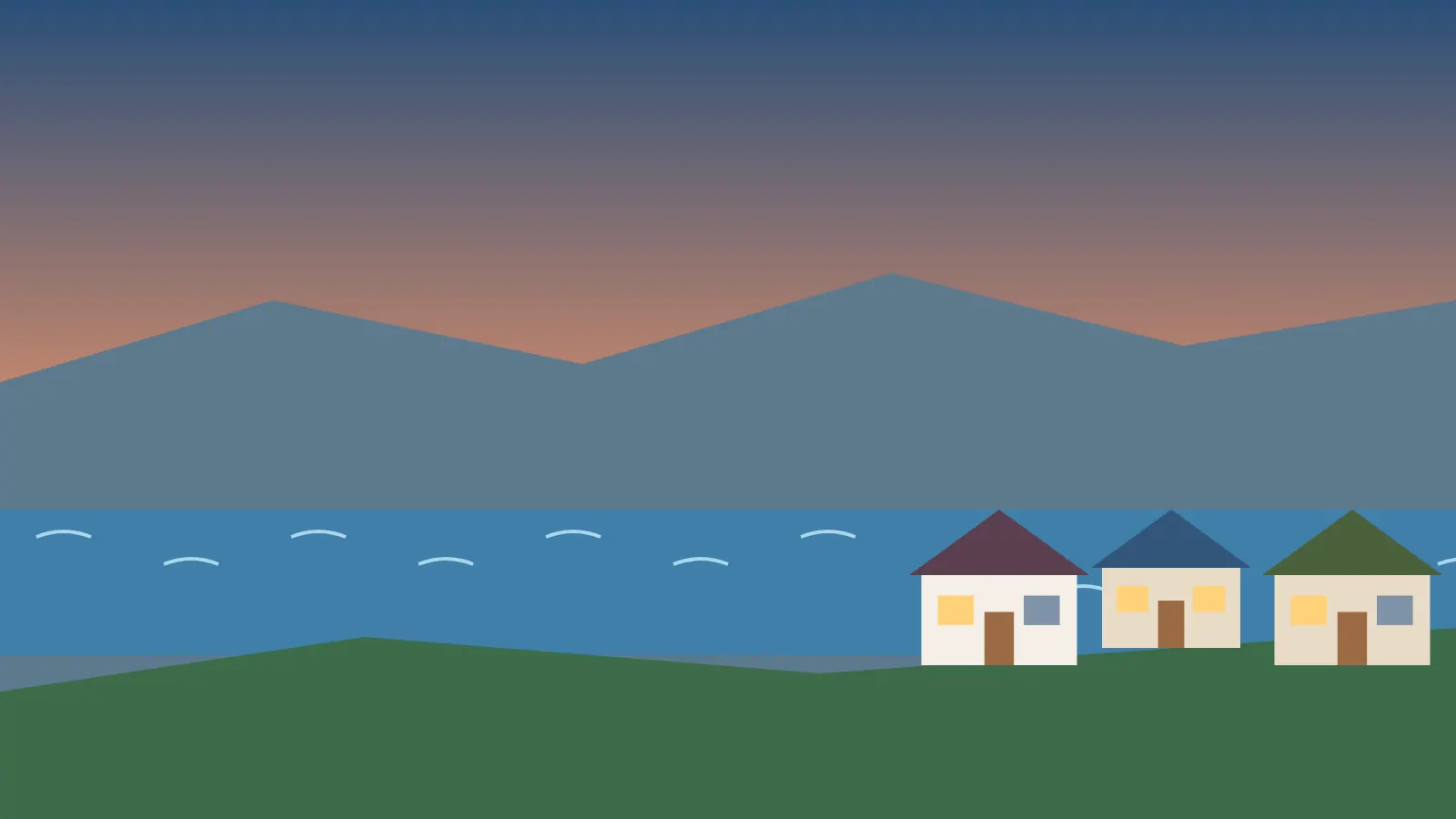Illustrated lake at sunset with homes on a hillside near Folsom