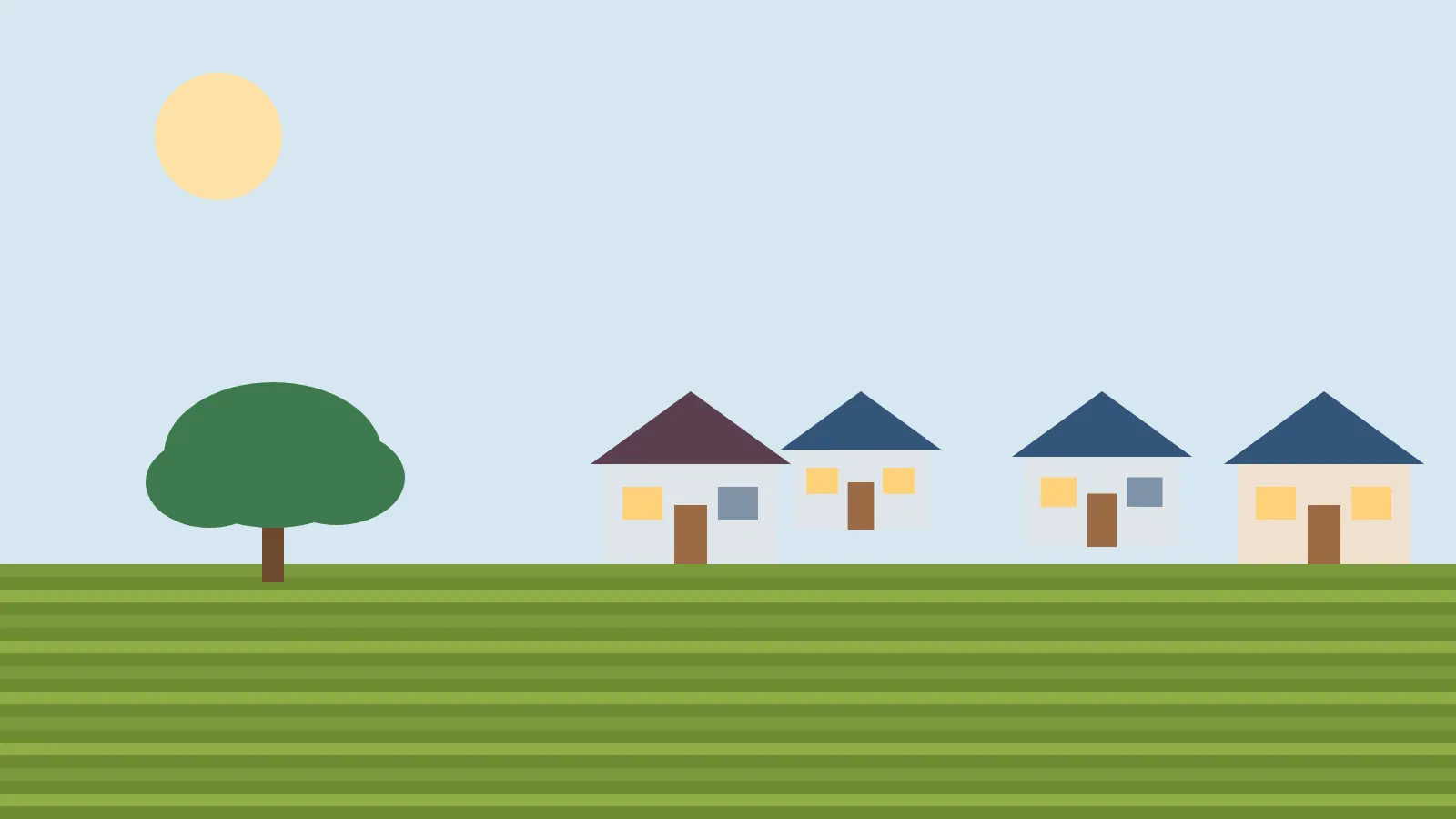 Illustrated Lincoln homes beside green fields under a morning sun