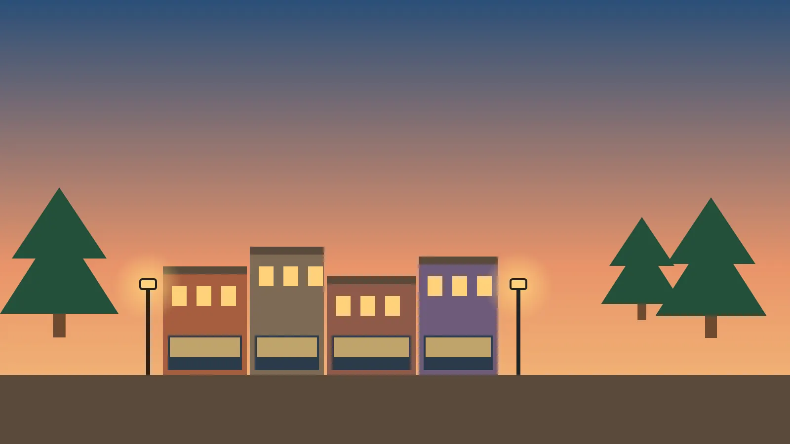 Illustrated Placerville main street storefronts with pine trees at dusk