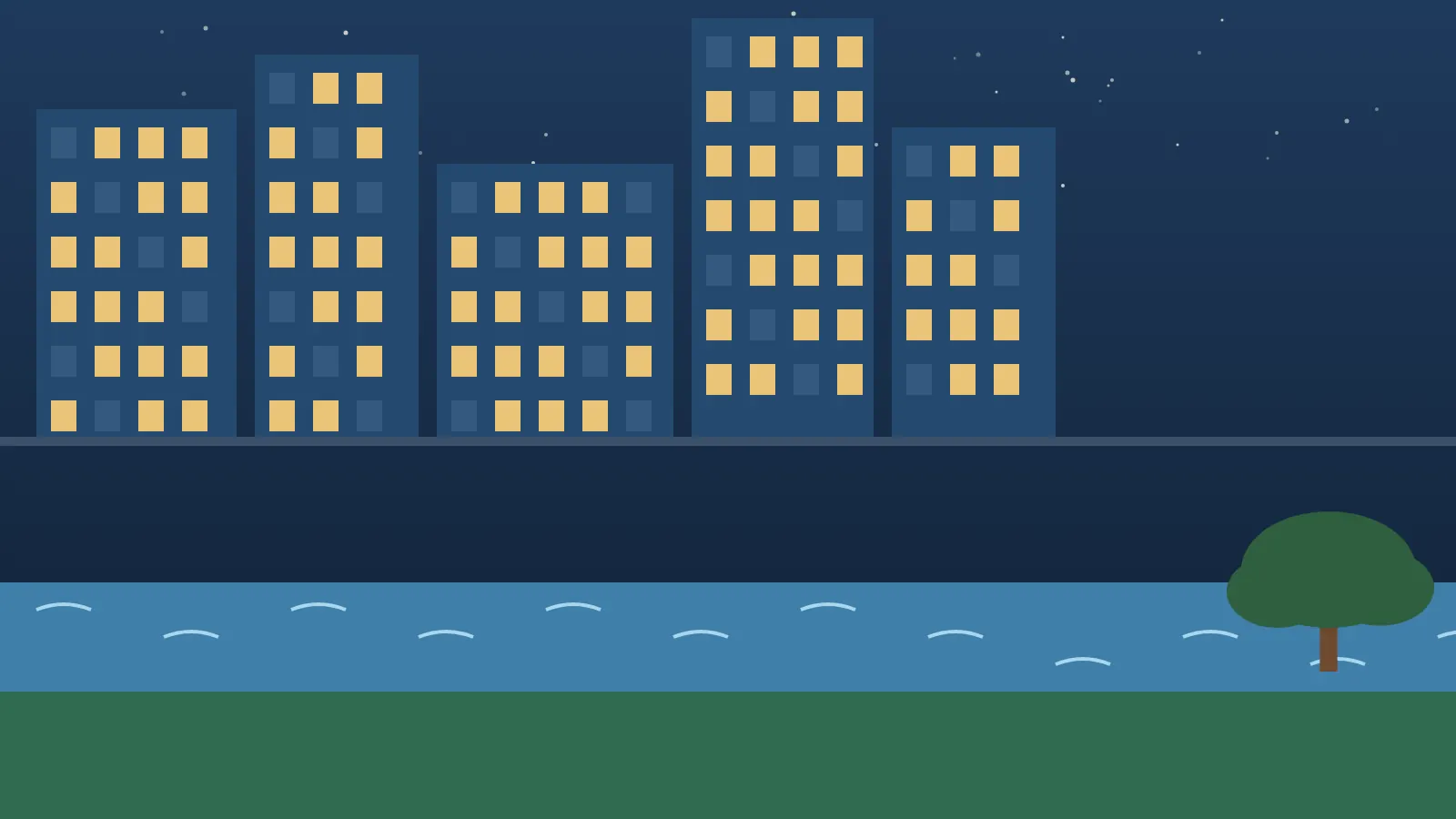Illustrated office buildings at night beside a river in Rancho Cordova