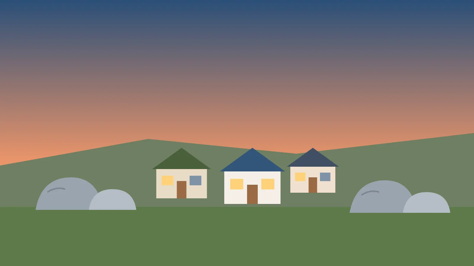 Illustrated Rocklin hillside with granite boulders and homes at sunset