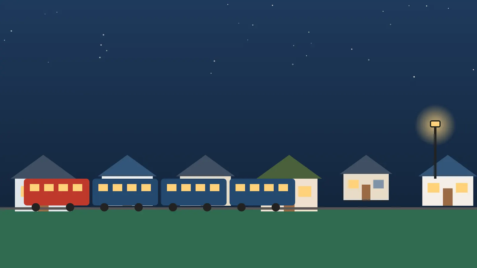 Illustrated Roseville neighborhood at night with a passenger train passing lit homes