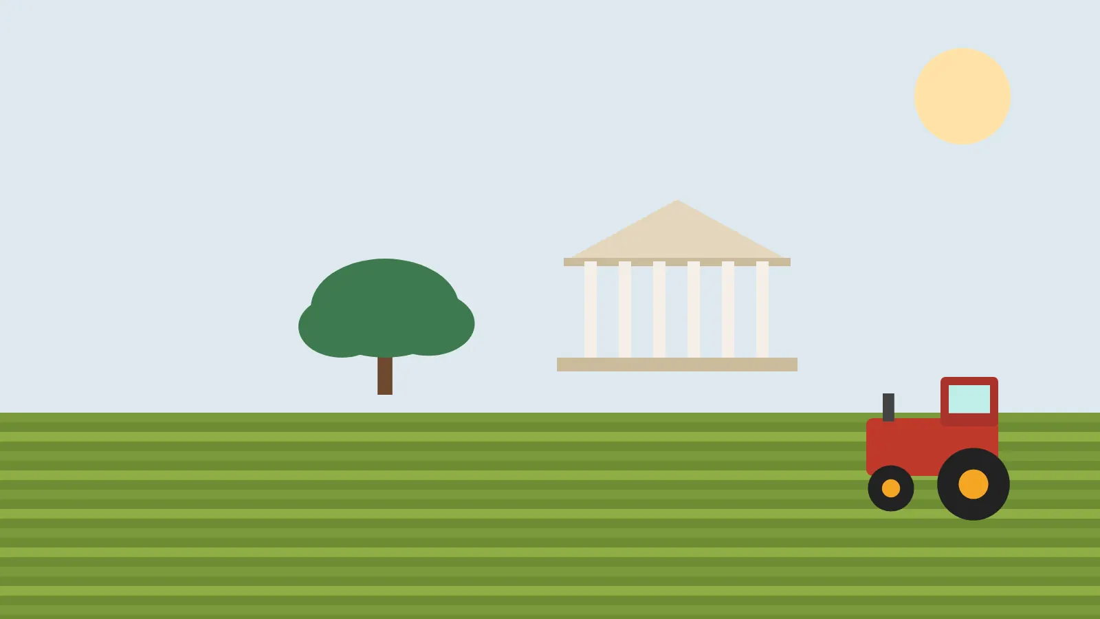 Illustrated Woodland scene with a classic civic building and a tractor in farm fields