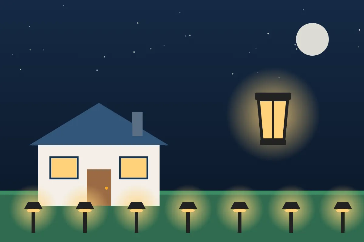 House at dusk with a row of glowing path lights and a lit wall lantern