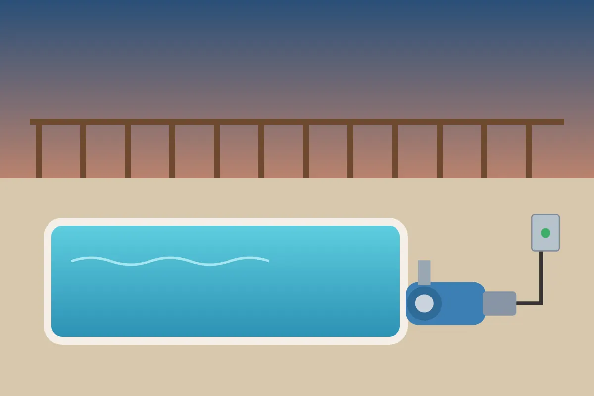 Backyard swimming pool with a pump and electrical disconnect at the side