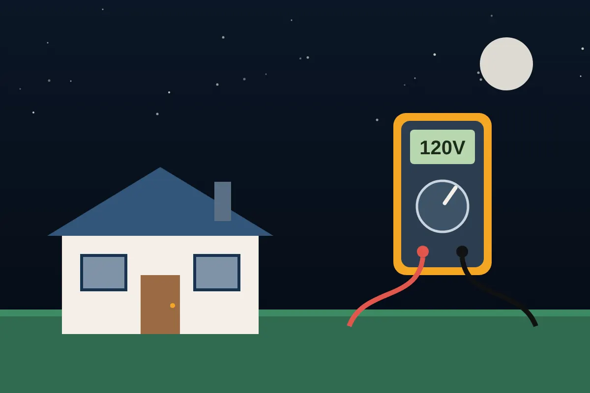 Dark house at night with unlit windows beside a multimeter used for testing