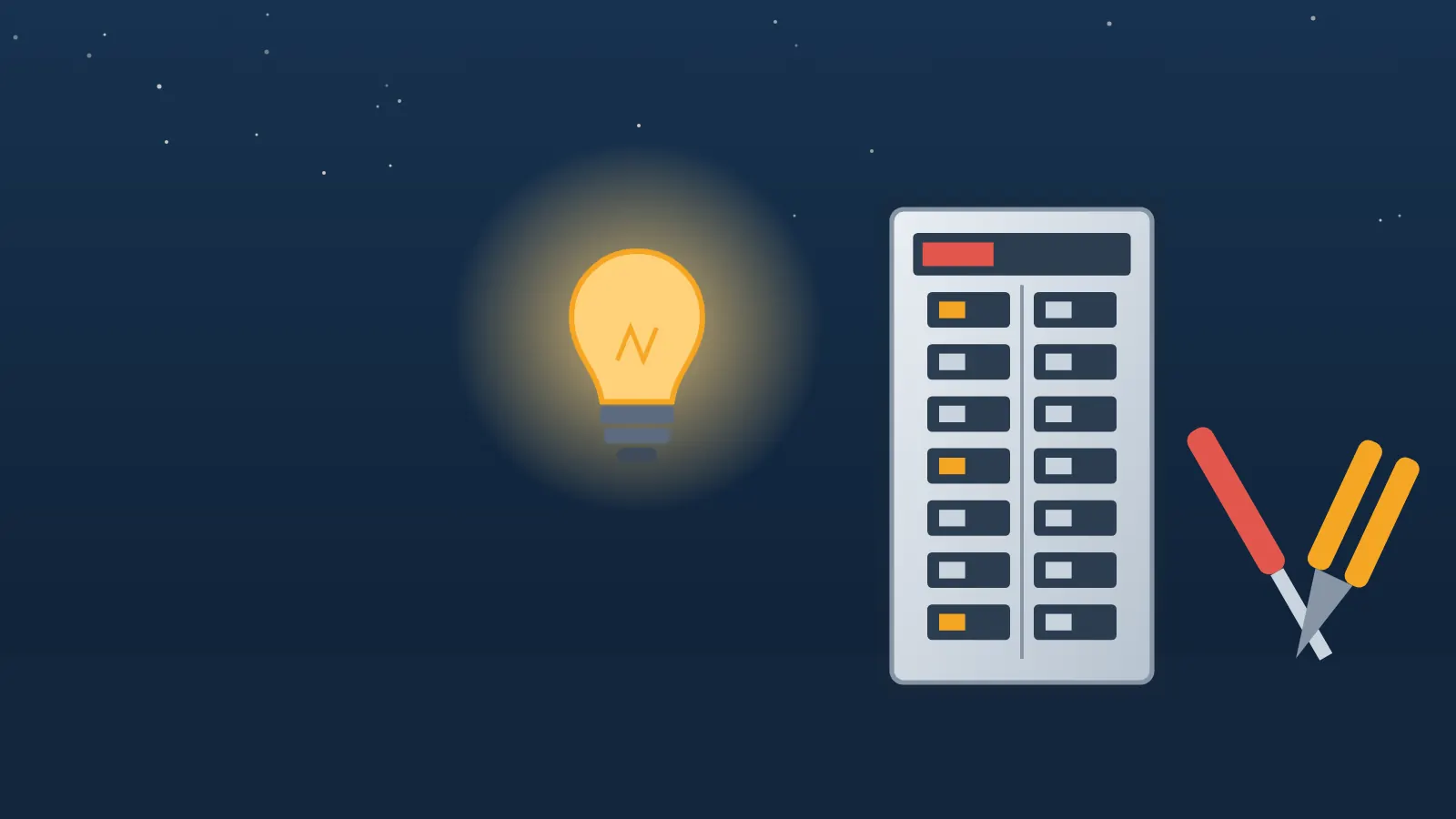 Electrical panel, glowing light bulb and electrician's tools