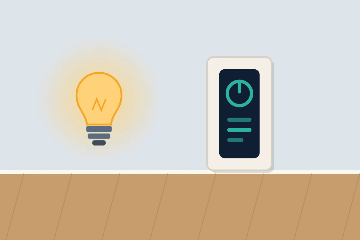 Smart light switch with a glowing touch panel beside a lit bulb