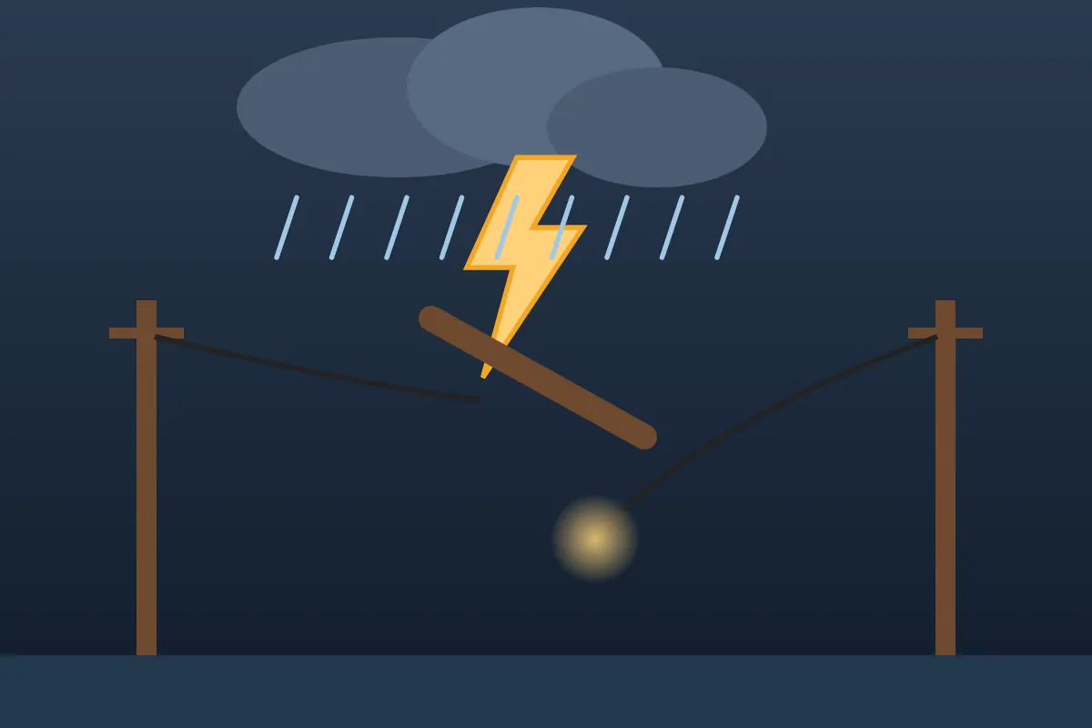 Storm cloud and lightning above a broken power line brought down by a tree limb