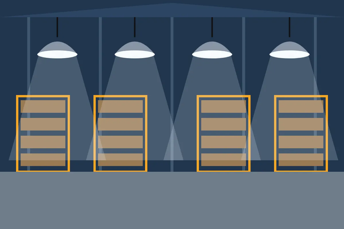 LED high bay lights shining down on storage racks in a warehouse