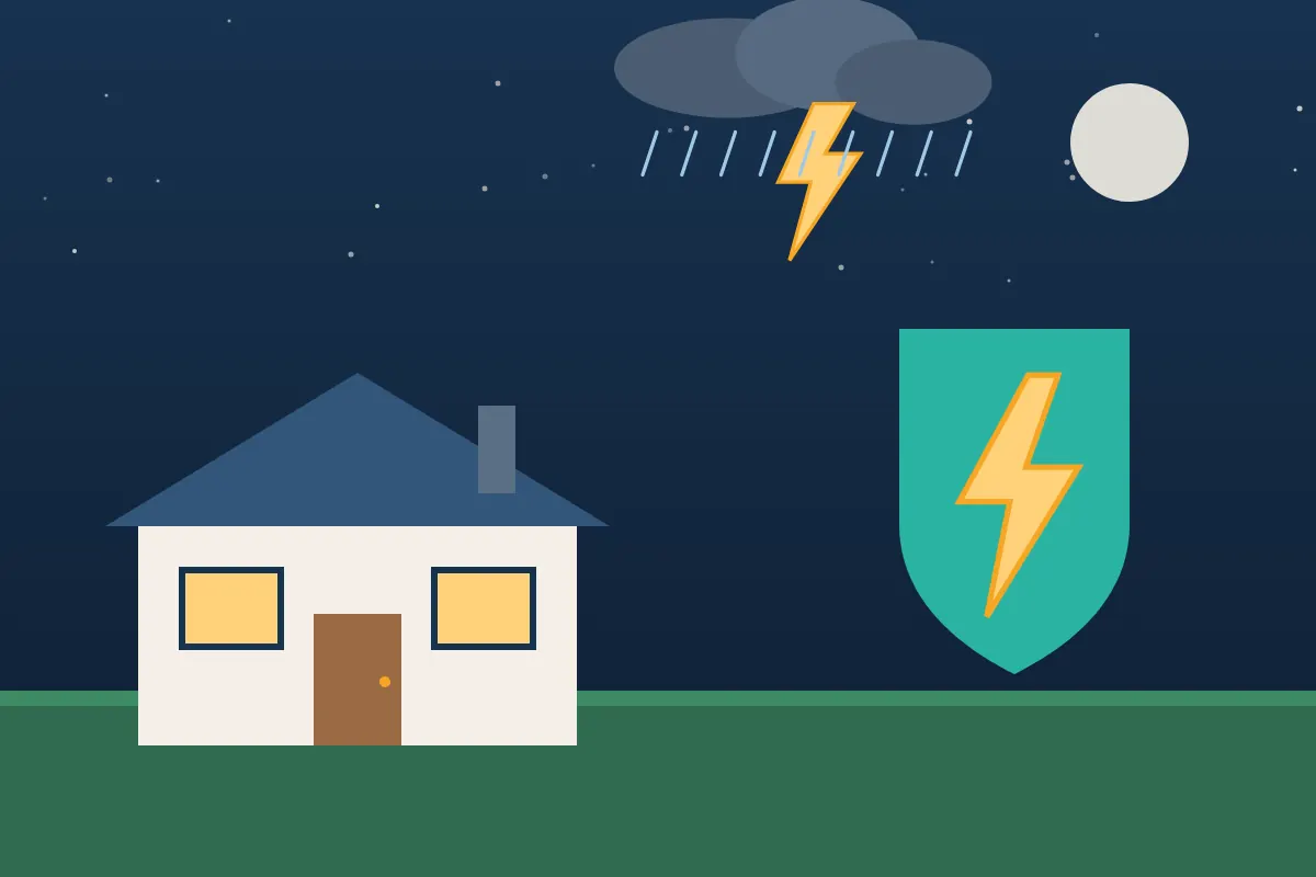 Shield with a lightning bolt in front of a house under a stormy sky