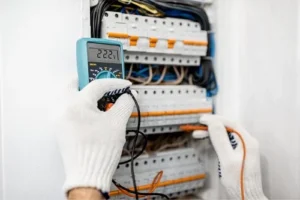 a close up of a Sacramento County electrician wearing white safety gloves testing an electrical panel with a voltmeter electrical testing tool